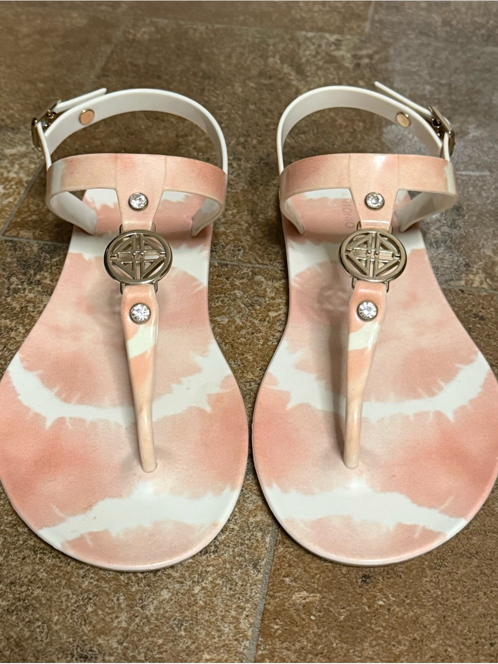 ANTONIO MELANI Pink Tie-Dye T-Strap Sandals with Gold Medallion